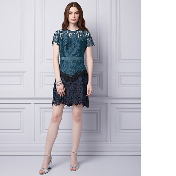 Rare Le Chateau laser cut crochet floral lace embroidery emerald teal blue dress - Picture 5 of 11